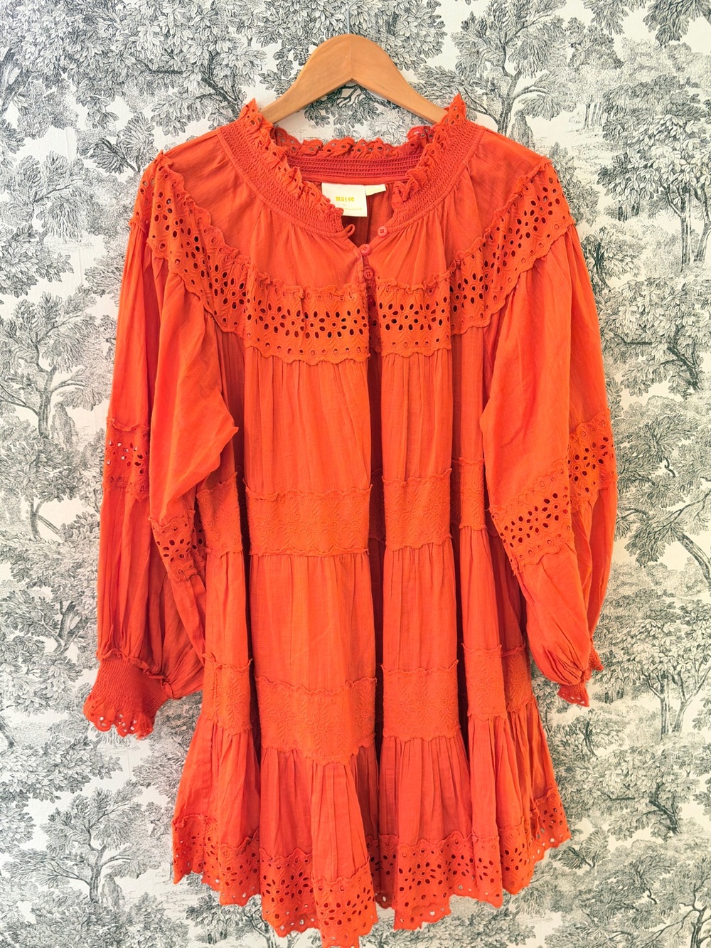 Anthropologie Maeve Long Sleeve Orange Red Mini Dress Plus Eyelet Tiered 1X EUC - Picture 2 of 9
